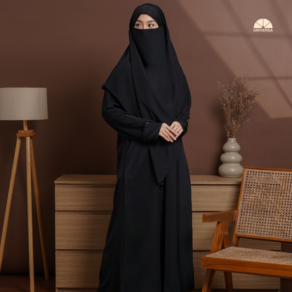 Abaya Set Black – Gamis Syari Polos + French Khimar